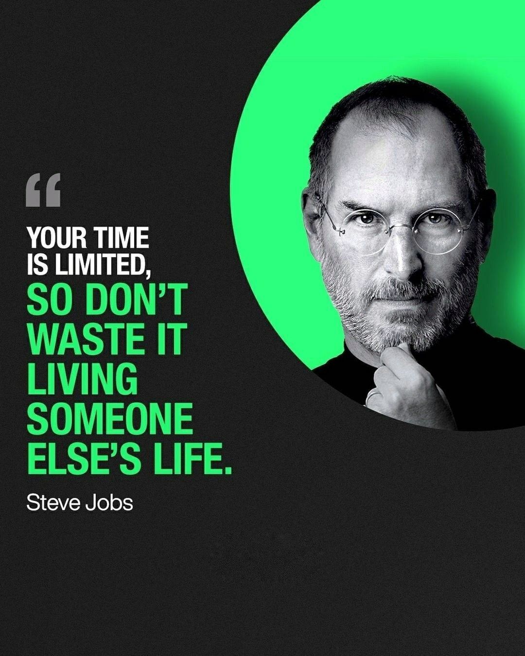 steve jobs quote on green background with black and white image in the
